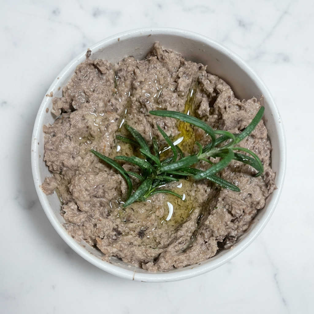 Mushroom pate with rosemary in a white bowl on a white background